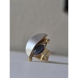 POLY Modernist Black Onyx Cabochon Ring – Two-Tone Silver & Gold Wrap Design